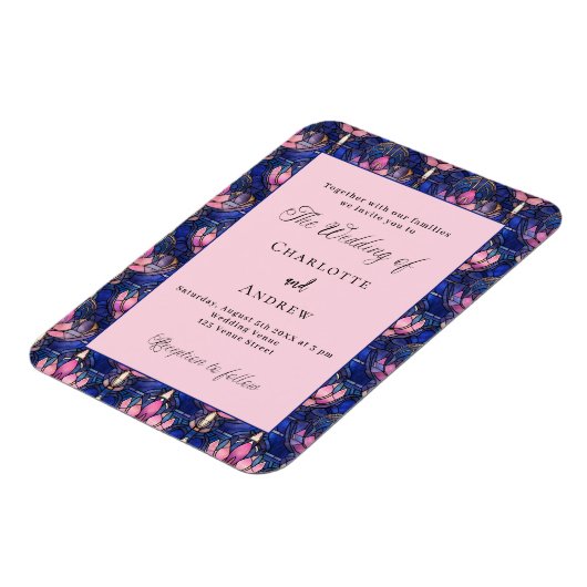 ネイビーブルーピンク花模様レトロ結婚式招待状 マグネット (左側)