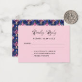 ネイビーブルーピンク花模様結婚の応答RSVP ノートカード (正面/裏面インサイチュ)