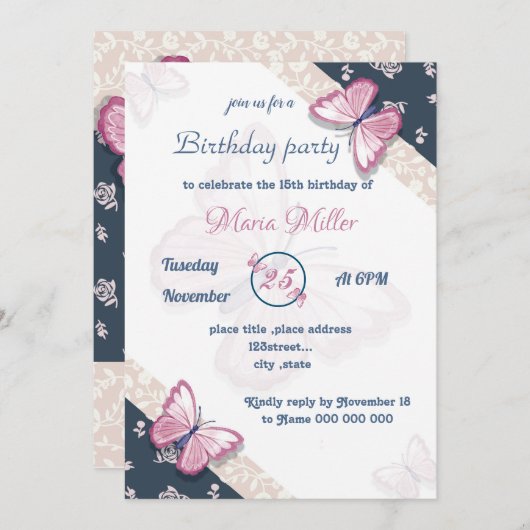 ネイビーブルーピンク蝶の誕生日パーティー (正面/裏面)