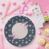 ネイビーブルーピンク蝶フローラ ペーパープレート (パーティー)