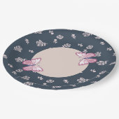 ネイビーブルーピンク蝶フローラ ペーパープレート (アングル)