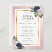 ネイビーブルーピンク赤面金ゴールドフローラブライダルシャワー 招待状 (正面)