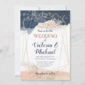 ネイビーブルーピンク赤面金ゴールド結婚式招待状 招待状 (正面)