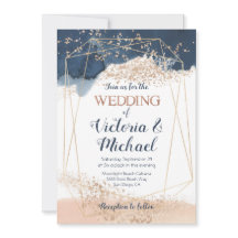 ネイビーブルーピンク赤面金ゴールド結婚式招待状