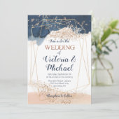 ネイビーブルーピンク赤面金ゴールド結婚式招待状 招待状 (スタンド正面)