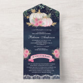 ネイビーブルーピンク金ゴールドフローラカボチャ赤ちゃんシャワー オールインワン招待状 (内側)