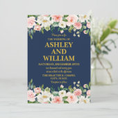 ネイビーブルーピンク金ゴールドボホボヘミアン結婚グリーン 招待状 (スタンド正面)