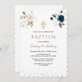 ネイビーブルーピンク金ゴールド花双生児バプテスマ 招待状 (正面/裏面)