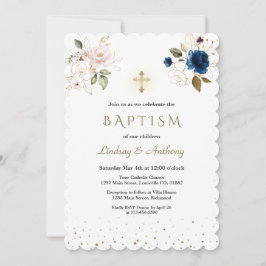 ネイビーブルーピンク金ゴールド花双生児バプテスマ 招待状