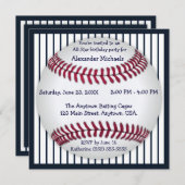 ネイビーブルーピンストリップス野球誕生日パーティー 招待状 (正面/裏面)