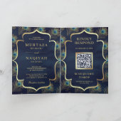 ネイビーブルーピーコックフェザーQRコードムスリム結婚ズ 招待状 (内部)