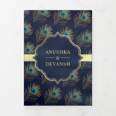 ネイビーブルーピーコックフェザーQRコード結婚ズ 三つ折り招待状 (カバー)