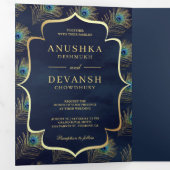 ネイビーブルーピーコックフェザーQRコード結婚ズ 三つ折り招待状 (内部最初)