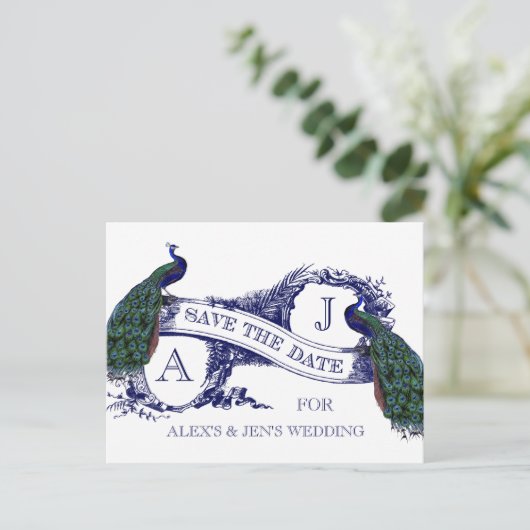 ネイビーブルーピーコック日付を保存 案内ポストカード (スタンド正面)