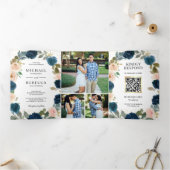 ネイビーブルーピーチフローラオールインワンQRコード結婚ズ 三つ折り招待状 (内部)