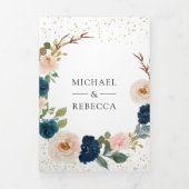 ネイビーブルーピーチフローラオールインワンQRコード結婚ズ 三つ折り招待状 (カバー)