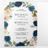 ネイビーブルーピーチフローラオールインワンQRコード結婚ズ 三つ折り招待状 (内部最初)