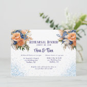 ネイビーブルーピーチフローラグリッターリハーサルディナー 招待状 (スタンド正面)