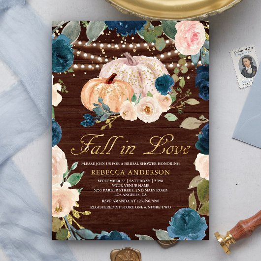 ネイビーブルーピーチフローラパンプキンウッドブライダルシャワー 招待状