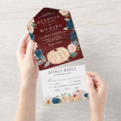 ネイビーブルーピーチフローラパンプキンブルゴーニュ結婚ーズ オールインワン招待状 (貼ってはがせる)