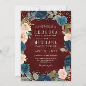 ネイビーブルーピーチフローラブルゴーニュQRコード結婚ズ 招待状 (正面)