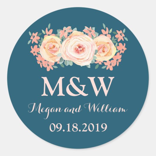 ネイビーブルーピーチフローラモノグラム結婚ズ ラウンドシール (正面)