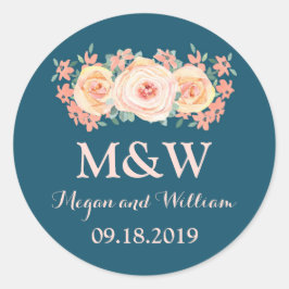 ネイビーブルーピーチフローラモノグラム結婚ズ ラウンドシール