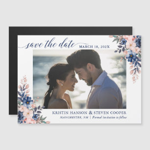 ネイビーブルーピーチフローラ写真Save The Date Magnet