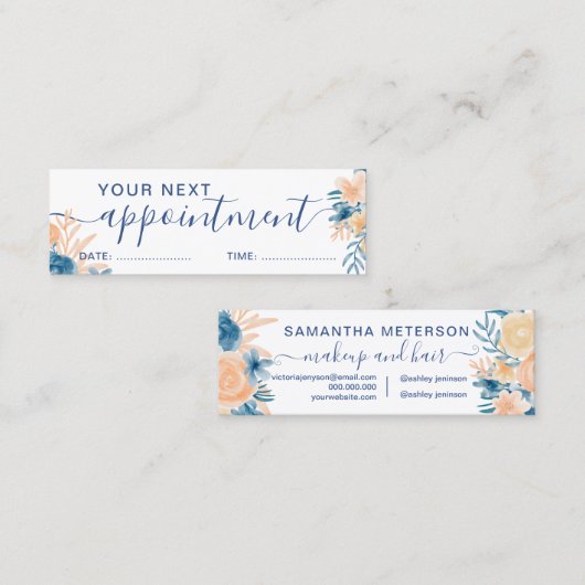 ネイビーブルーピーチフローラ水彩アポイントメント スキニー名刺 (正面/裏面)