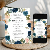 ネイビーブルーピーチフローラQRコードムスリム結婚ズ 招待状