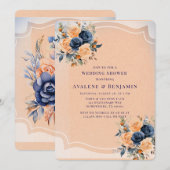 ネイビーブルーピーチ絵を描フローラウェディングシャワー 招待状 (正面/裏面)