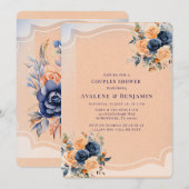 ネイビーブルーピーチ絵を描フローラカップルシャワー 招待状 (正面/裏面)
