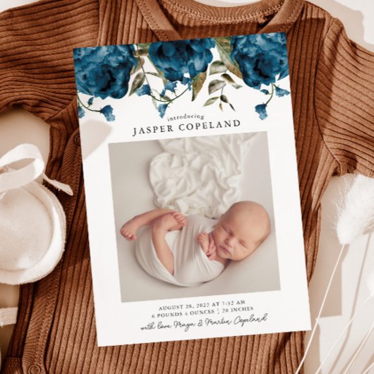 ネイビーブルーピーニーベビー写真誕生のお知らせ 案内状