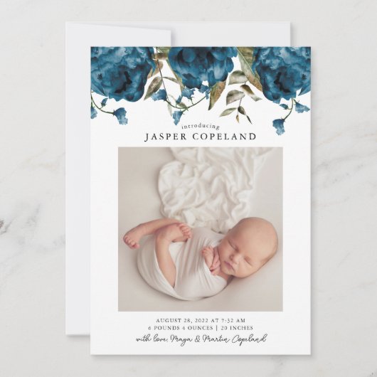 ネイビーブルーピーニーベビー写真誕生のお知らせ 案内状 (正面)