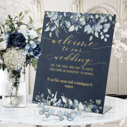 ネイビーブルーピーニー&金ゴールドファンシーフォント書道 台座サイン