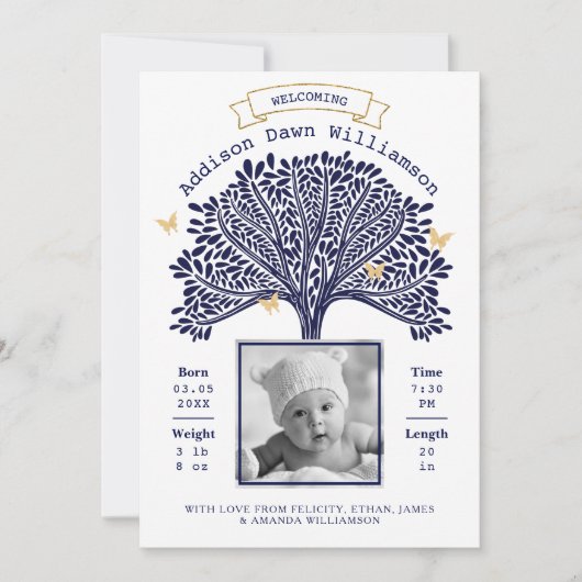 ネイビーブルーファミリーツリーベビー誕生のお知らせ 案内状 (正面)