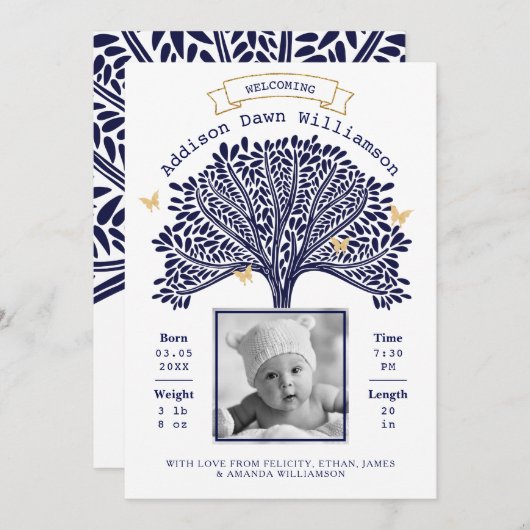 ネイビーブルーファミリーツリーベビー誕生のお知らせ 案内状 (正面/裏面)