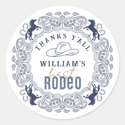 ネイビーブルーファーストロデオ誕生日フェイスステッカー – Wes ラウンドシール (正面)