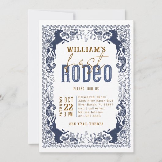 ネイビーブルーファーストロデオ誕生日招待状 – ウェスター 招待状 (正面)