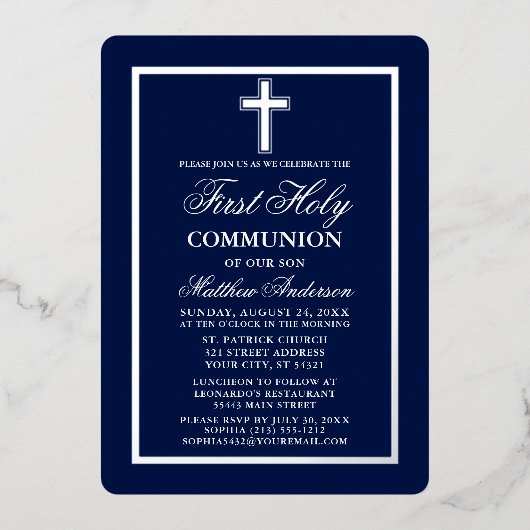 ネイビーブルーファースト聖体拝領クロスシルバー 箔招待状 (正面)