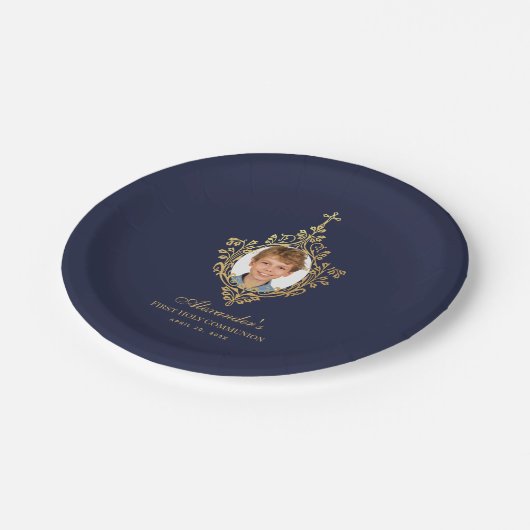 ネイビーブルーファースト聖餐式ボーイフォトフェイク金ゴールド ペーパープレート