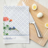 ネイビーブルーファームハウスフローラウォーターカラーハチドリ キッチンタオル (四つ折り)