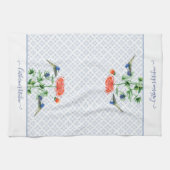 ネイビーブルーファームハウスフローラウォーターカラーハチドリ キッチンタオル (横)