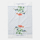 ネイビーブルーファームハウスフローラウォーターカラーハチドリ キッチンタオル (縦)
