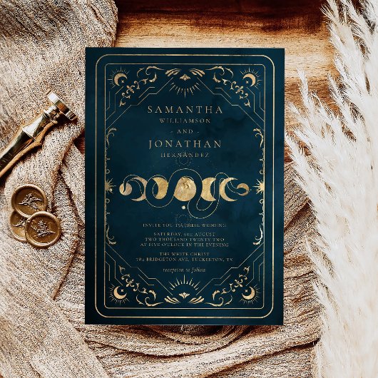 ネイビーブルーフェイクと金ゴールドスエレガントテリア結婚ス 招待状