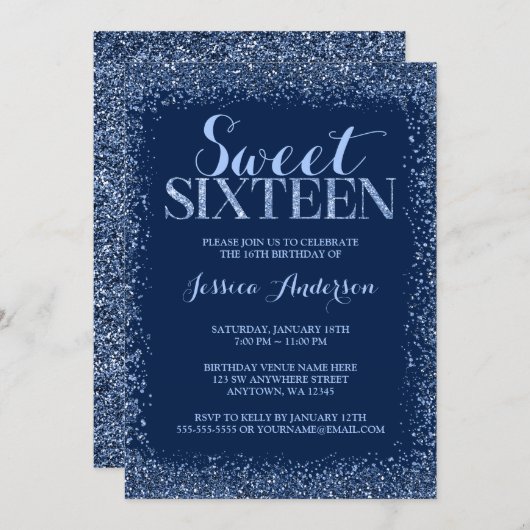 ネイビーブルーフェイクグリッタースウィート16誕生日 招待状 (正面/裏面)