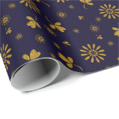 ネイビーブルーフェイクゴールドフォイル葉フローラ ラッピングペーパー (ロールコーナー)