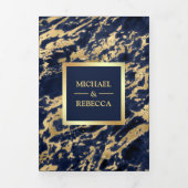 ネイビーブルーフェイクマーブルゴールドフォイル結婚フォト 三つ折り招待状 (カバー)