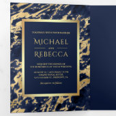 ネイビーブルーフェイクマーブルゴールドフォイル結婚フォト 三つ折り招待状 (内部最初)