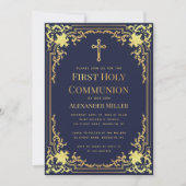 ネイビーブルーフェイク金ゴールドエレガントボーイファーストコミュニオン 招待状 (正面)